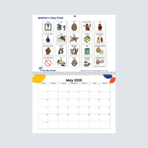 Monthly ALD calendar, spiral bound in the middle with page open at month of May showing an aided language display for Mothers Day chats.