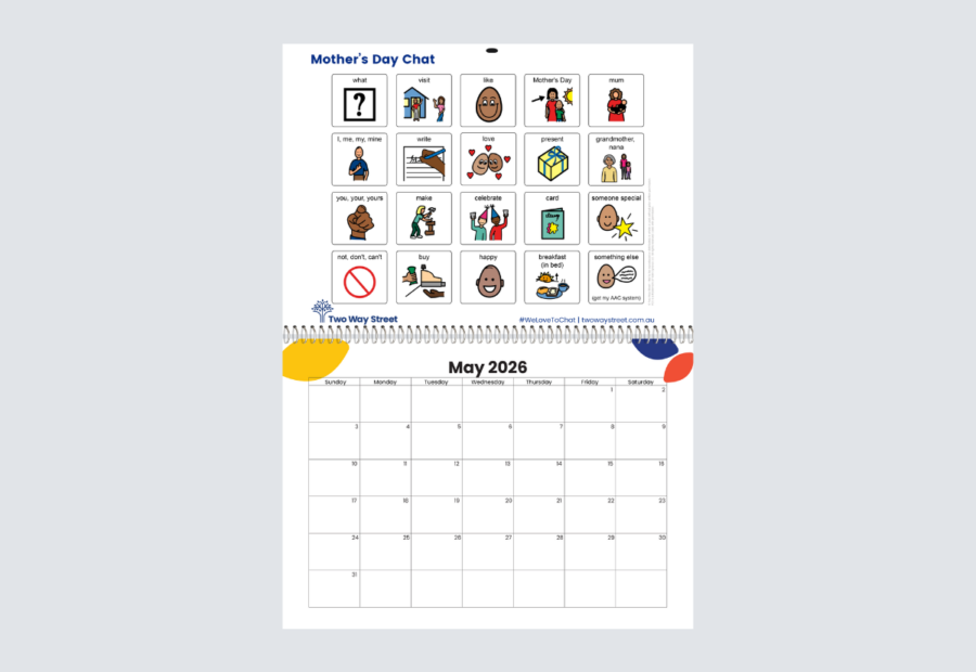 Monthly ALD calendar, spiral bound in the middle with page open at month of May showing an aided language display for Mothers Day chats.