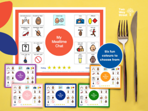 Mealtime Mats for mealtime conversations. Six fun colours red, purple, pink, blue, green and orange