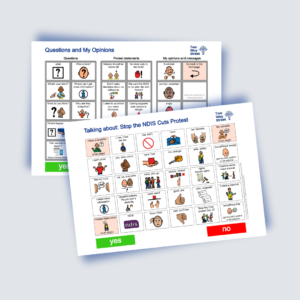 Stop the NDIS Cuts Protest Aided Language Display (ALD) and instructions