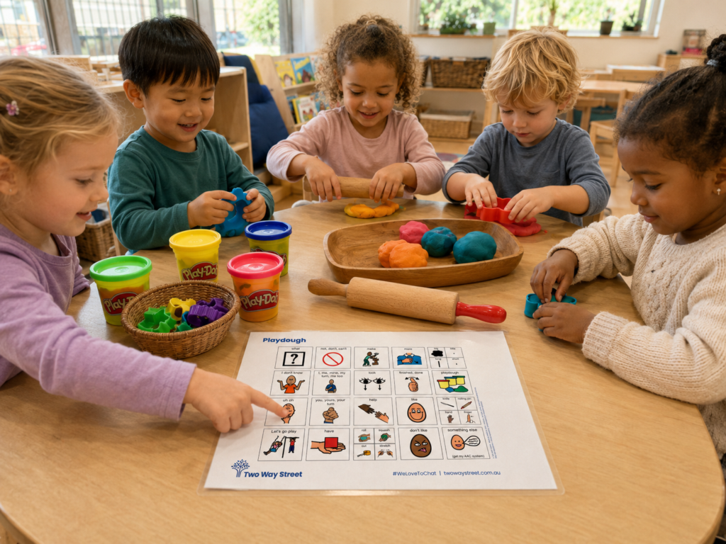 Using an AAC communication board in an early learning environment with playdough