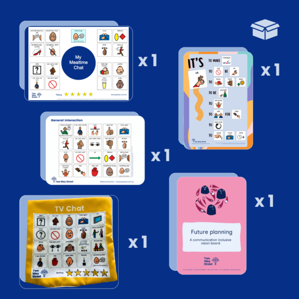 Blue image featuring a mock up of the mealtime mat, the general interaction ALD, the It's OK poster, the TV chat cushion and the Vision Board Activity Booklet, showing x 1 next to each.
