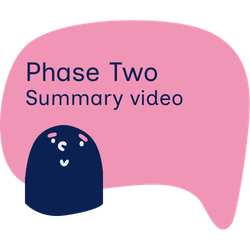 Dark blue mentoring 'person' over a pink thought bubble with dark blue text overlay stating 'Phase Two Summary Video'
