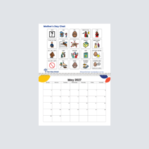 2027 AIded Language Display ALD Let's Talk About It Calendar open to May showing a Mother's Day ALD