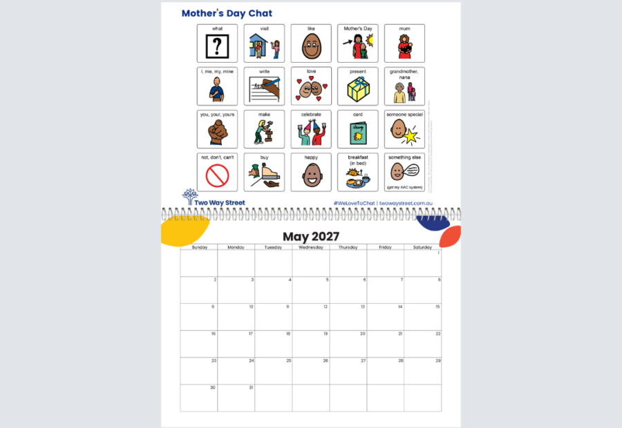 2027 AIded Language Display ALD Let's Talk About It Calendar open to May showing a Mother's Day ALD